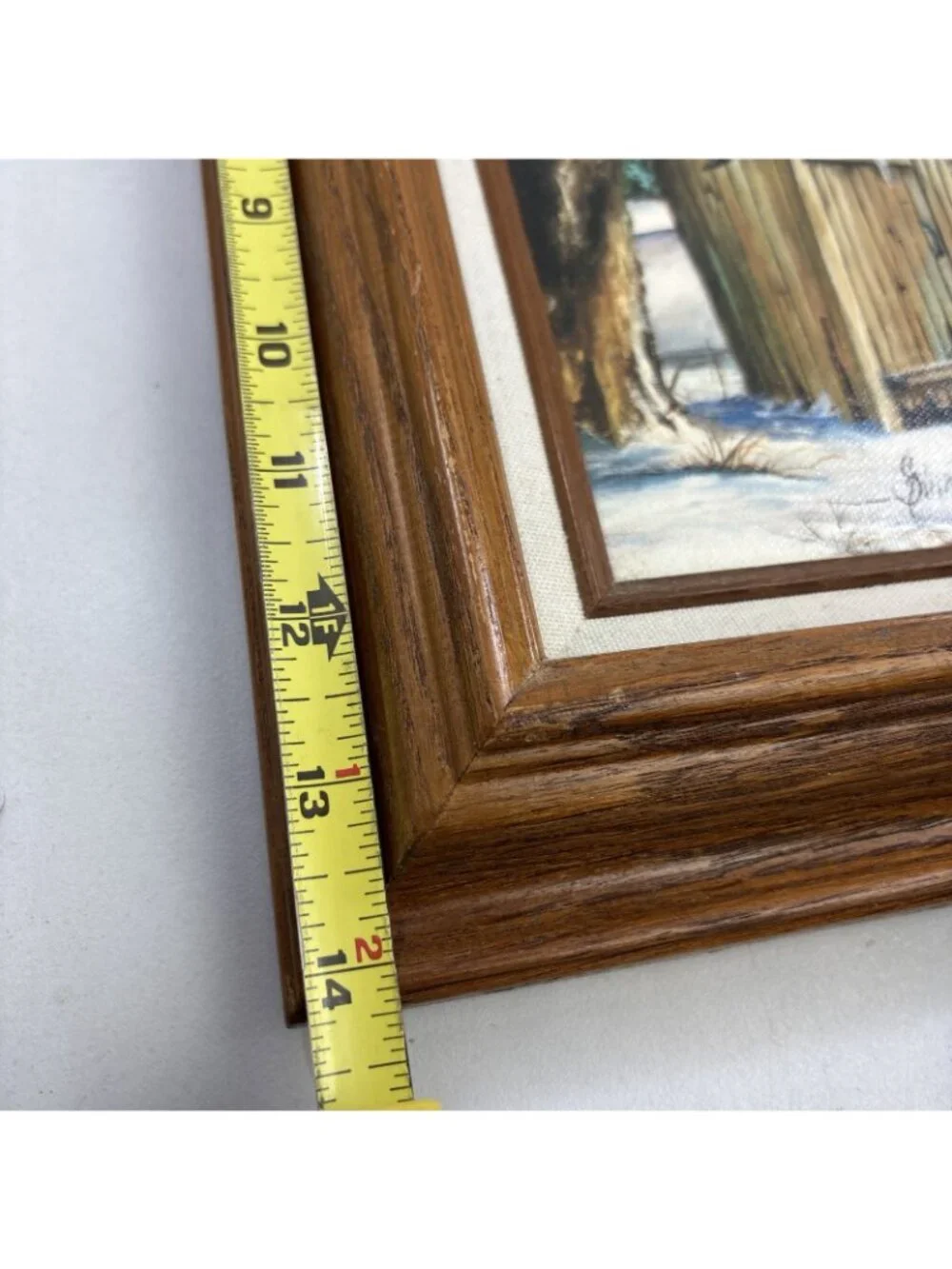 Framed Lithograph Painting Rustic Winter Scene Outhouse Farmhouse Cottagecore
